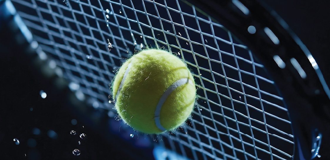 Tennis ball on racket strings